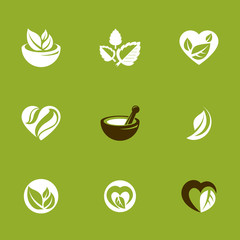 Phytotherapy metaphor, vector graphic emblems collection. Vegetarian lifestyle conceptual illustrations.