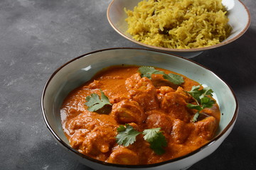 Chiken Tikka Masala - traditional Indian/British dish. Chicken with curry, turmeric. Indian dinner concept. Asian, Indian food