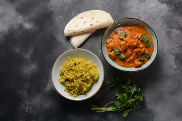 Chiken Tikka Masala - traditional Indian/British dish. Chicken with curry, turmeric. Indian dinner concept. Asian, Indian food