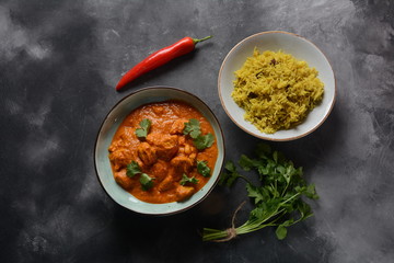 Chiken Tikka Masala - traditional Indian/British dish. Chicken with curry, turmeric. Indian dinner concept. Asian, Indian food