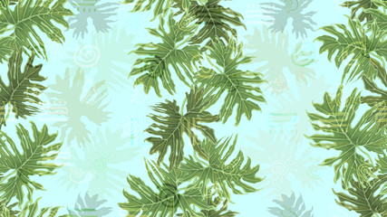 Exotic tropic leaves. Handmade seamless pattern. Design element for packaging, textile, wallpaper, cover. Monstera, palm tree, liana.