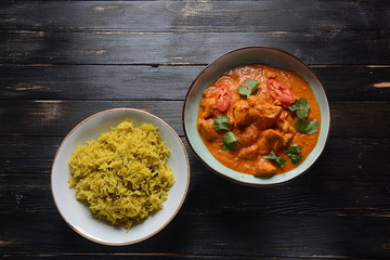 Chiken Tikka Masala - traditional Indian/British dish. Chicken with curry, turmeric. Indian dinner concept. Asian, Indian food