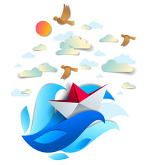 Origami paper ship toy swimming in ocean waves, beautiful vector illustration of scenic seascape with toy boat floating in the sea and birds in the sky. Water travel, summer holidays.