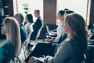 Profile side view of nice focused crowd elegant classy stylish sharks experts members participants...