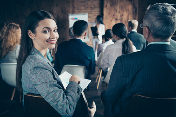 Nice elegant stylish sharks crowd audience listening attending presentation report strategy speaker ceo boss chief agent broker conference corporate at industrial loft work place space