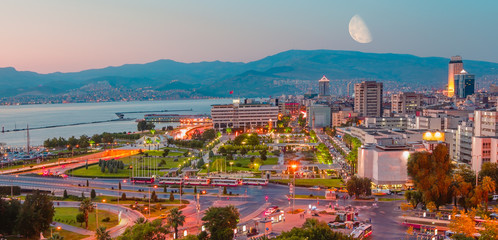 Panoramic Izmir City from Variant slope. Izmir is the third biggest city of Turkey.  - obrazy, fototapety, plakaty