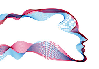 Beautiful futuristic illustration of human head made of dotted particles flow array, wavy shapes lines vector electronic soul of futuristic smart machines.