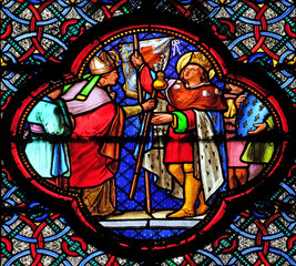 Saint Louis Setting out for the Crusade, stained glass window in the Basilica of Saint Clotilde in Paris, France 