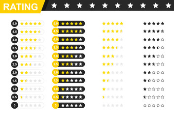 Rating stars badges. Feedback or Rating. Rank, level of satisfaction rating. Five stars customer product rating review. 5 star rating icon. Vector illustration.