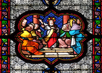 Jesus in the Temple, stained glass window in the Basilica of Saint Clotilde in Paris, France 