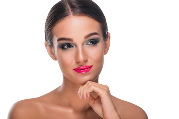 Naklejka premium Gorgeous tanned girl on white