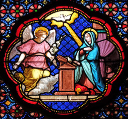 Annunciation of Mary, stained glass window in the Basilica of Saint Clotilde in Paris, France