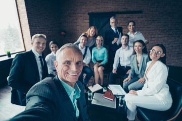 Obraz premium Self-portrait of nice stylish trendy classy cheerful sharks specialists executive company staff financier having fun day at modern industrial loft interior work place space