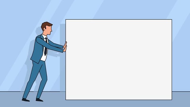 Flat cartoon businessman character  pushes empty white board animation