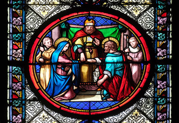 Marriage of St Joseph and Virgin Mary, stained glass window in the Basilica of Saint Clotilde in...