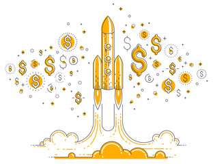 Startup rockets take off, space rockets flying start up business concept, vector illustration.