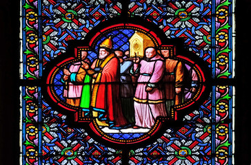 Transfer  of Saint Remi relics, stained glass window in the Basilica of Saint Clotilde in Paris, France 