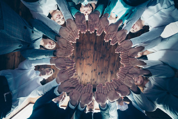 Close up low angle view photo diversity members business people circle she her he him his hold both...