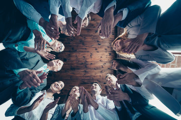 Close up low angle view photo different age members business people stand circle she her he him his...