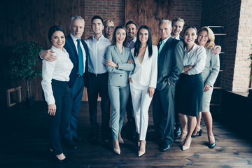 Full length body size photo different age mixed race multiethnic business people friendly stand close she her he him his together best brigade arrange new project team power formal wear jackets shirts