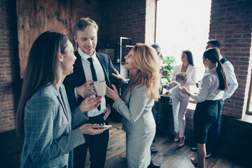 Close up photo business people excited she her mature boss lady he him his joking humorous...