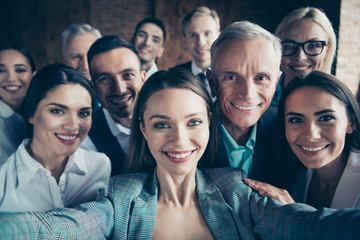 Close up photo business people different age race free time leisure excited team building she her he him his telephone smart phone make take selfies best brigade friendship formal wear jackets shirts