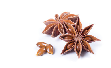 Star anise spice fruits and seeds isolated on white