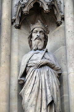 Saint Gontran, statue on the portal of the Basilica of Saint Clotilde in Paris, France