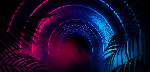 Round tunnel, light arch with tropical leaves. Abstract dark room background with neon illumination.
