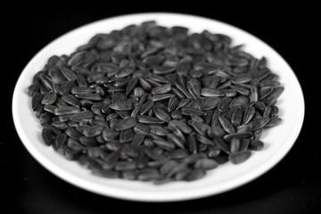 Black sunflower seeds on a red background. Top view.