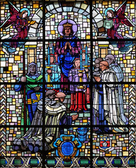 Saint Louis founded the Monastery Notre Dame des Blancs Manteaux, stained glass window in Notre Dame des Blancs Manteaux in Paris, France