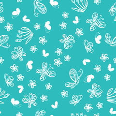 Vector seamless pattern of flowers and butterflies.