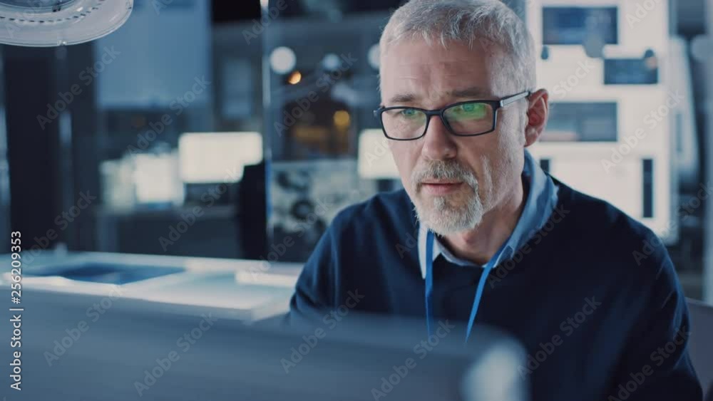 Poster portrait of handsome middle aged engineer wearing glasses works on personal computer. in the backgro