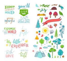 Vector chalk lettering and doodle clipart on nature / travel / wanderlust theme.