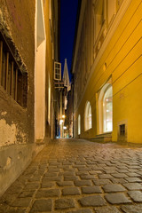 Fototapeta na wymiar Gasse in Regensburg mit Domturm im Hintergrund zur blauen Stunde