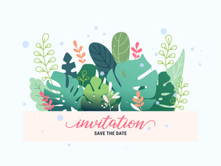 Fantasy floral frame invitation card with fantastic leaves and plants. Colorful flat style vector illustration. Graphic design template for flyer, banner, poster, website, postcard, wedding invitation