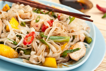 Serving of oriental warm noodle chicken salad
