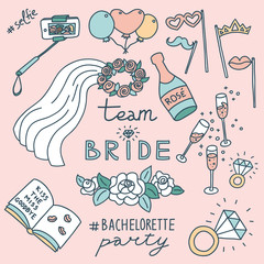 Bachelorette party concept. Set of objects. Pastel color doodle.