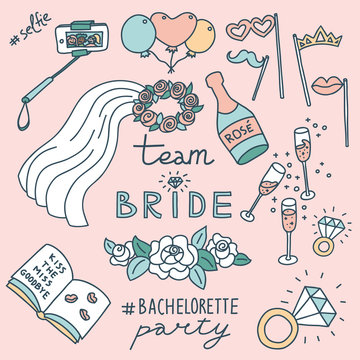 Bachelorette party concept. Set of objects. Pastel color doodle.
