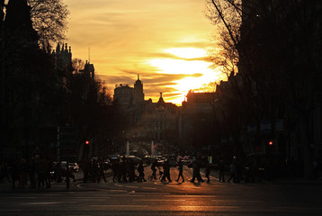  Golden sunset in the city of Madrid, Spain