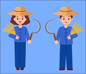 famale and male farmer harvest rice, Flat cartoon vector illustration isolated on EPS10.