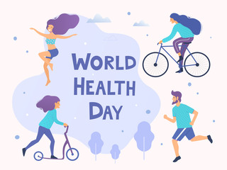 World health day vector illustration. Healthy lifestyle concept. Different physical activities.