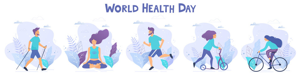 World health day vector illustration. Healthy lifestyle concept. Different physical activities.