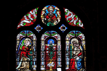 Annunciation of the Virgin Mary, stained glass window in Saint-Eustache church in Paris, France