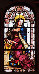 Fototapeta premium Annunciation of the Virgin Mary, stained glass window in Saint-Eustache church in Paris, France 