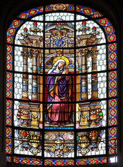 Virgin Mary, stained glass windows in the Saint Roch Church, Paris, France 