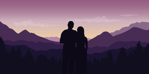 young couple enjoys purple mountain nature landscape vector illustration EPS10