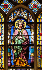 Saint Clothilde, stained glass window from Saint Germain-l'Auxerrois church in Paris, France 