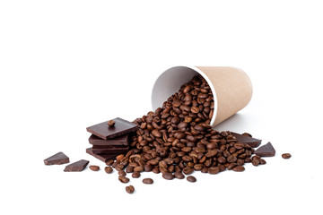 Craft coffee cup full of coffee beans wih chocolate on white background