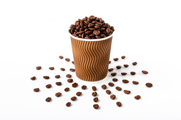 Craft coffee cup full of coffee bean on white background